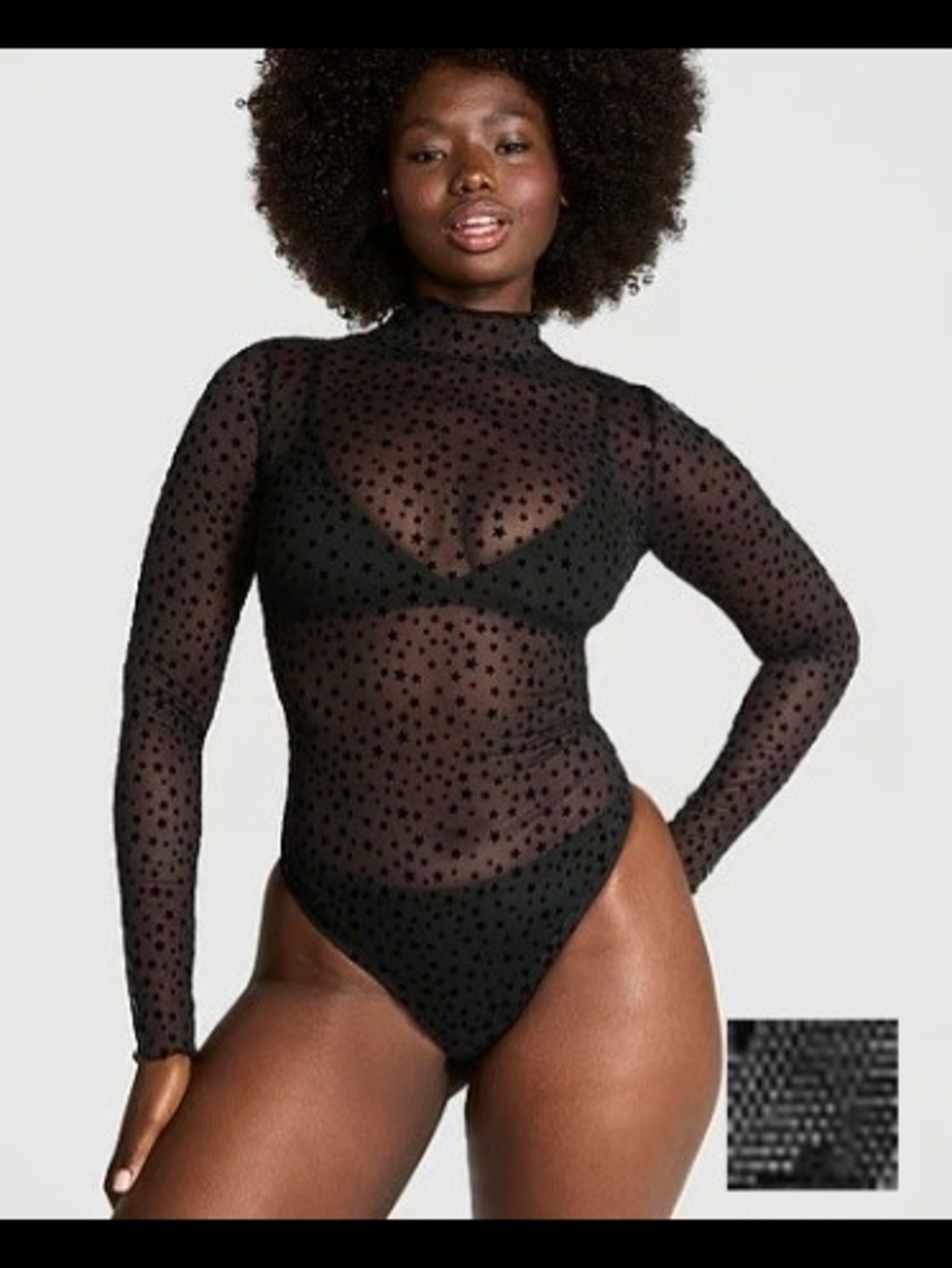 PINK Victoria's Secret Black Sheer Star-Print Long-Sleeve Bodysuit